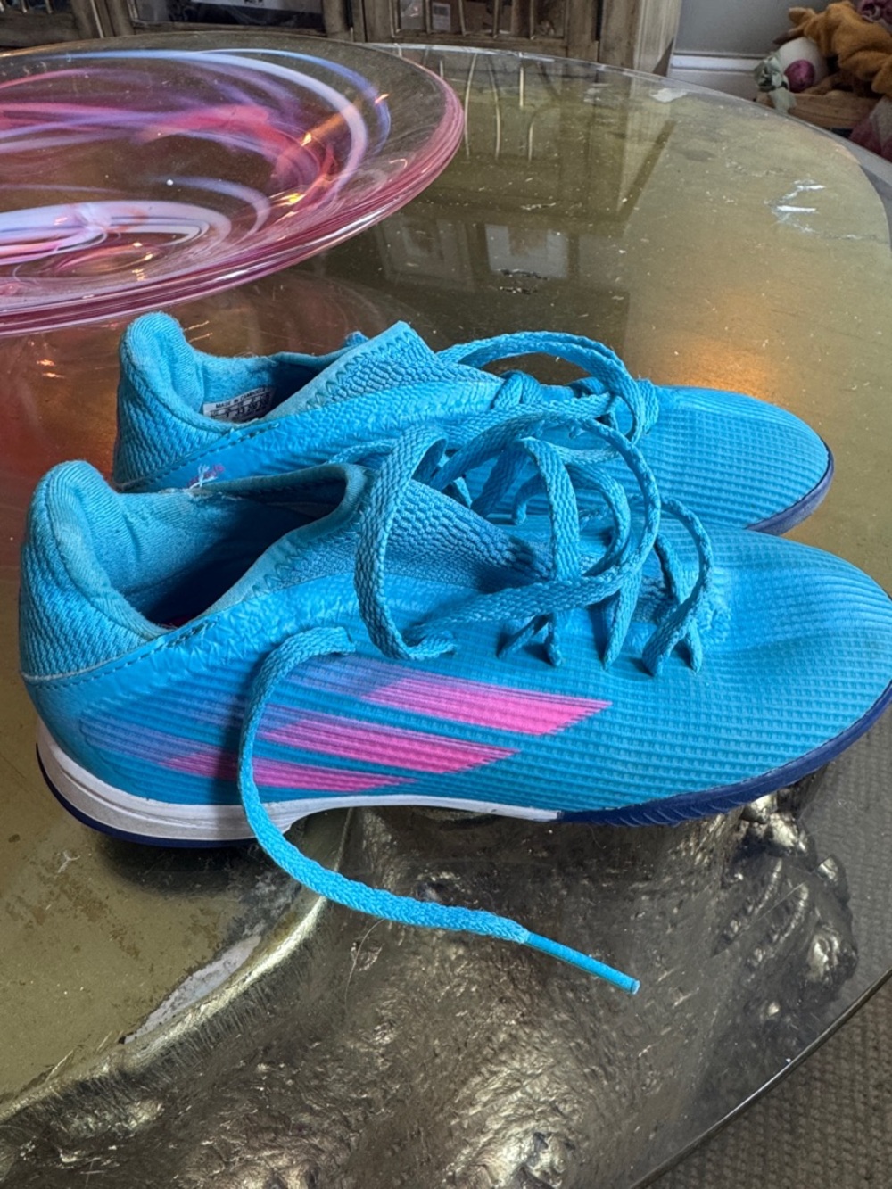 Adidas Kids Soccer Turf Shoes Bright Blue Athletic Sneakers with Pink Accent